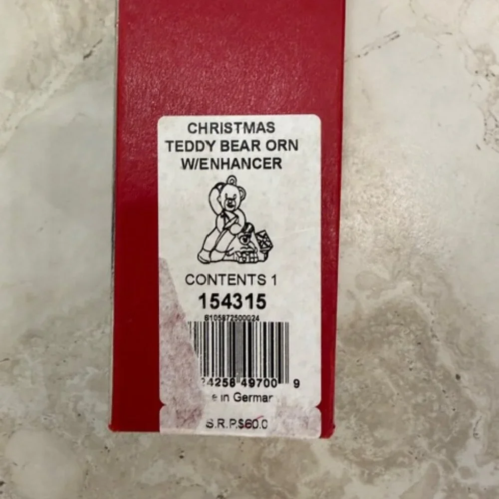 NIB 2011 Waterford Lead Crystal Christmas Teddy Bear Ornament W/Enhancer Germany